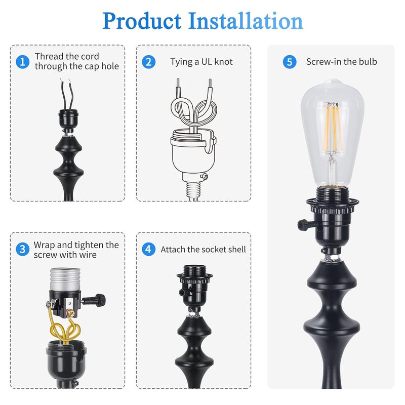 DiCUNO UL Listed E26 Lamp Socket Replacement, Turn Switch Knob ON/Off, Threaded Medium Base Light Socket with Shade Ring for Table, Floor Lamp Repair Kit, Black, 2-Pack - Image 5